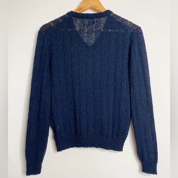 Navy Blue Open Knit V-Neck Long Sleeve Sweater size XL - Picture 2 of 5